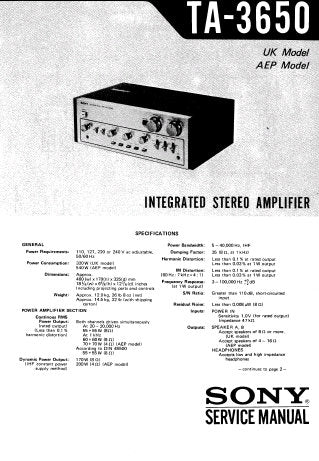 SONY TA-3650 INTEGRATED STEREO AMPLIFIER SERVICE MANUAL INC BLK DIAG PCBS SCHEM DIAGS AND PARTS LIST 15 PAGES ENG