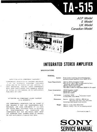 SONY TA-515 INTEGRATED STEREO AMPLIFIER SERVICE MANUAL INC BLK DIAG PCBS SCHEM DIAG AND PARTS LIST 19 PAGES ENG