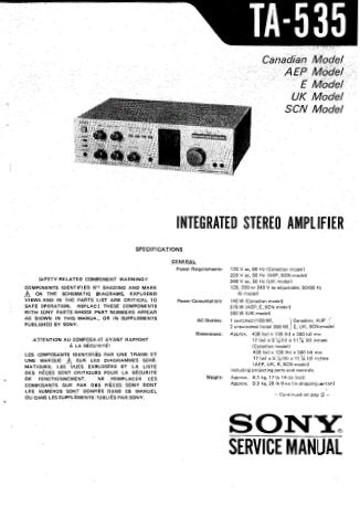 SONY TA-535 INTEGRATED STEREO AMPLIFIER SERVICE MANUAL INC BLK DIAG PCBS SCHEM DIAG AND PARTS LIST 18 PAGES ENG