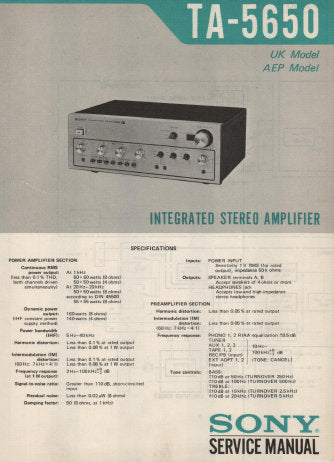 SONY TA-5650 INTEGRATED STEREO AMPLIFIER SERVICE MANUAL INC BLK DIAG PCBS SCHEM DIAGS AND PARTS LIST 17 PAGES ENG