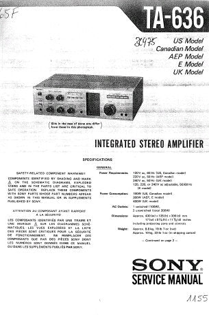 SONY TA-636 INTEGRATED STEREO AMPLIFIER SERVICE MANUAL INC BLK DIAG PCBS AND SCHEM DIAG 9 PAGES ENG