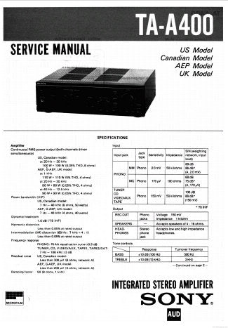 SONY TA-A400 INTEGRATED STEREO AMPLIFIER SERVICE MANUAL INC PCBS SCHEM DIAG AND PARTS LIST 19 PAGES ENG
