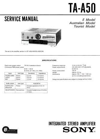 SONY TA-A50 INTEGRATED STEREO AMPLIFIER SERVICE MANUAL INC SCHEM DIAGS PCBS AND PARTS LIST 18 PAGES ENG