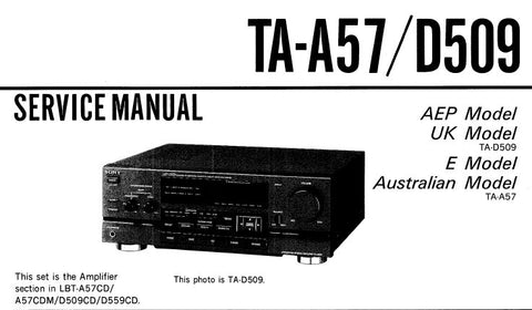 SONY TA-A57 INTEGRATED STEREO AMPLIFIER SERVICE MANUAL INC PCBS SCHEM DIAGS AND PARTS LIST 21 PAGES ENG