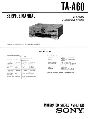 SONY TA-A60 INTEGRATED STEREO AMPLIFIER SERVICE MANUAL INC SCHEM DIAGS PCBS AND PARTS LIST 19 PAGES ENG