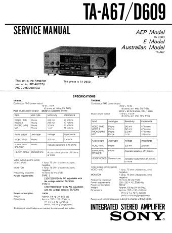 SONY TA-A67 INTEGRATED STEREO AMPLIFIER SERVICE MANUAL INC PCBS SCHEM DIAG AND PARTS LIST 23 PAGES ENG