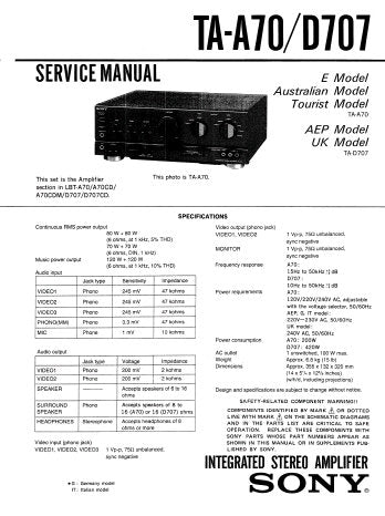 SONY TA-A70 INTEGRATED STEREO AMPLIFIER SERVICE MANUAL INC BLK DIAG PCBS SCHEM DIAG AND PARTS LIST 22 PAGES ENG