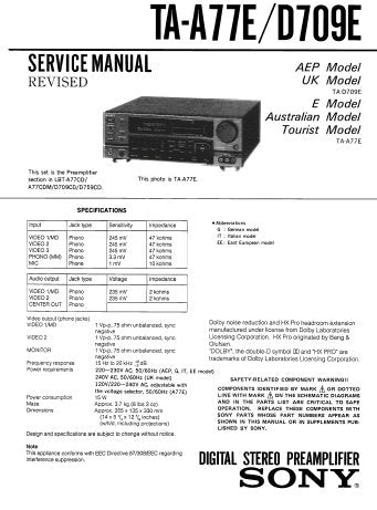 SONY TA-A77E DIGITAL STEREO PREAMPLIFIER SERVICE MANUAL INC BLK DIAG PCBS SCHEM DIAGS AND PARTS LIST 42 PAGES ENG