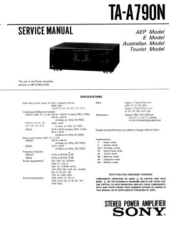 SONY TA-A790N STEREO POWER AMPLIFIER SERVICE MANUAL INC BLK DIAG PCBS SCHEM DIAG AND PARTS LIST 16 PAGES ENG