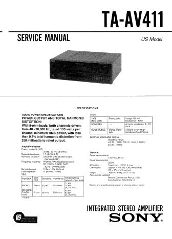 SONY TA-AV411 INTEGRATED STEREO AMPLIFIER SERVICE MANUAL INC PCBS SCHEM DIAG AND PARTS LIST 31 PAGES ENG
