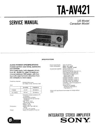 SONY TA-AV421 INTEGRATED STEREO AMPLIFIER SERVICE MANUAL INC CONN DIAGS PCBS SCHEM DIAGS AND PARTS LIST 30 PAGES ENG
