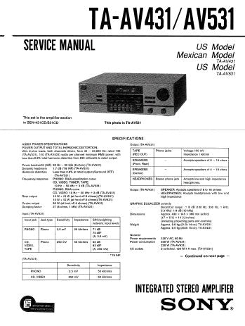 SONY TA-AV431 TA-AV531 INTEGRATED STEREO AMPLIFIER SERVICE MANUAL INC BLK DIAG PCBS SCHEM DIAG AND PARTS LIST 29 PAGES ENG
