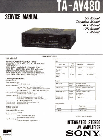 SONY TA-AV480 INTEGRATED STEREO AV AMPLIFIER SERVICE MANUAL INC PCBS SCHEM DIAGS TRSHOOT GUIDE AND PARTS LIST 32 PAGES ENG