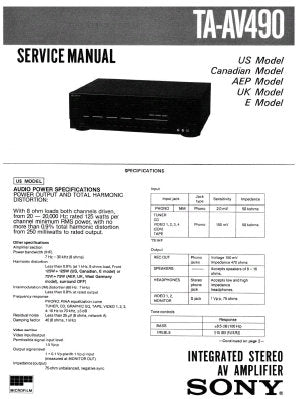 SONY TA-AV490 INTEGRATED STEREO AV AMPLIFIER SERVICE MANUAL INC PCBS SCHEM DIAGS AND PARTS LIST 23 PAGES ENG