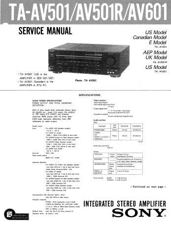SONY TA-AV501 TA-AV501R TA-AV601 INTEGRATED STEREO AV AMPLIFIER SERVICE MANUAL INC PCBS SCHEM DIAGS AND PARTS LIST 33 PAGES ENG