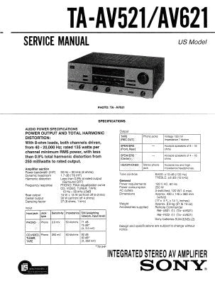 SONY TA-AV521 TA-AV621 INTEGRATED STEREO AV AMPLIFIER SERVICE MANUAL INC PCBS SCHEM DIAG AND PARTS LIST 28 PAGES ENG