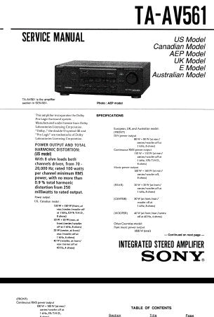 SONY TA-AV561 INTEGRATED STEREO AMPLIFIER SERVICE MANUAL INC SCHEM DIAG PCBS AND PARTS LIST 23 PAGES ENG