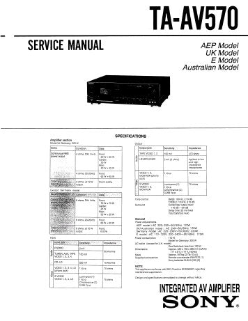 SONY TA-AV570 INTEGRATED AV AMPLIFIER SERVICE MANUAL INC BLK DIAG SCHEM DIAGS PCBS AND PARTS LIST 32 PAGES ENG