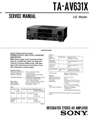 SONY TA-AV631X INTEGRATED STEREO AV AMPLIFIER SERVICE MANUAL INC CONN DIAGS BLK DIAG SCHEM DIAGS PCBS AND PARTS LIST 24 PAGES ENG