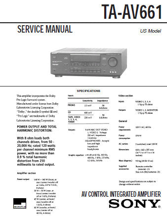 SONY TA-AV661 AV CONTROL INTEGRATED AMPLIFIER SERVICE MANUAL INC SCHEM DIAGS PCBS AND PARTS LIST 22 PAGES ENG