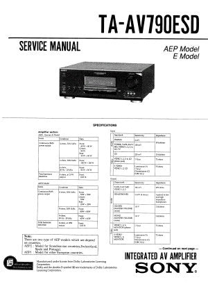 SONY TA-AV790ESD INTEGRATED AV AMPLIFIER SERVICE MANUAL INC BLK DIAG SCHEM DIAGS PCBS AND PARTS LIST 53 PAGES ENG