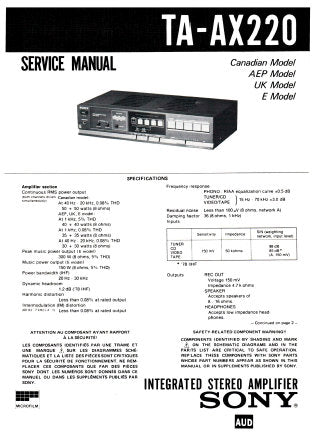 SONY TA-AX220 INTEGRATED STEREO AMPLIFIER SERVICE MANUAL INC BLK DIAG PCBS SCHEM DIAG AND PARTS LIST 13 PAGES ENG