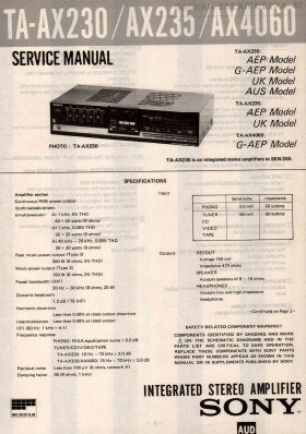 SONY TA-AX230 TA-AX235 TA-AX4060 INTEGRATED STEREO AMPLIFIER SERVICE MANUAL INC BLK DIAG PCBS SCHEM DIAG AND PARTS LIST 12 PAGES ENG