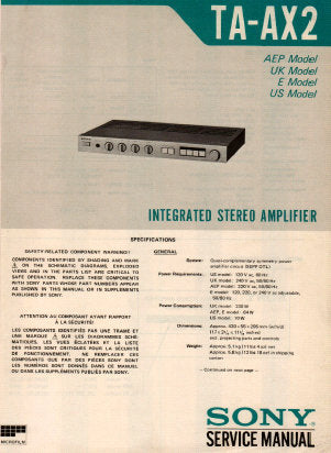 SONY TA-AX2 INTEGRATED STEREO AMPLIFIER SERVICE MANUAL INC BLK DIAG SCHEM DIAGS PCBS AND PARTS LIST 8 PAGES ENG