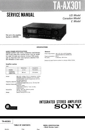 SONY TA-AX301 INTEGRATED STEREO AMPLIFIER SERVICE MANUAL INC BLK DIAG PCBS SCHEM DIAG AND PARTS LIST 18 PAGES ENG