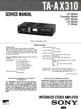SONY TA-AX310 INTEGRATED STEREO AMPLIFIER SERVICE MANUAL INC BLK DIAG PCBS SCHEM DIAG AND PARTS LIST 17 PAGES ENG