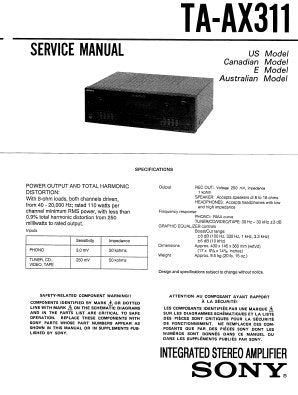 SONY TA-AX311 INTEGRATED STEREO AMPLIFIER SERVICE MANUAL INC CONN DIAGS PCBS SCHEM DIAG AND PARTS LIST 26 PAGES ENG