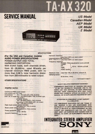 SONY TA-AX320 INTEGRATED STEREO AMPLIFIER SERVICE MANUAL INC BLK DIAG PCBS SCHEM DIAG AND PARTS LIST 11 PAGES ENG
