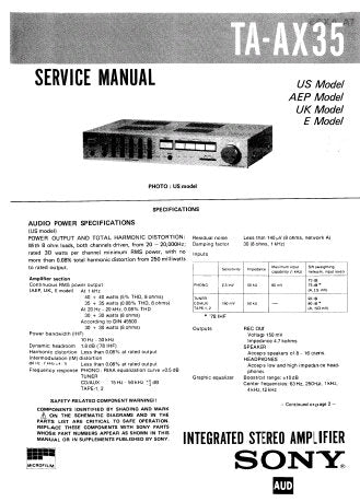 SONY TA-AX35 INTEGRATED STEREO AMPLIFIER SERVICE MANUAL INC BLK DIAG PCBS SCHEM DIAG AND PARTS LIST 18 PAGES ENG