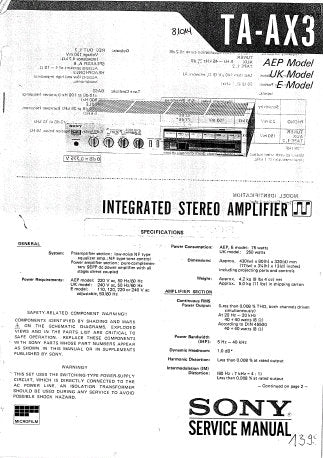 SONY TA-AX3 INTEGRATED STEREO AMPLIFIER SERVICE MANUAL INC BLK DIAG SCHEM DIAGS PCBS AND PARTS LIST 16 PAGES ENG