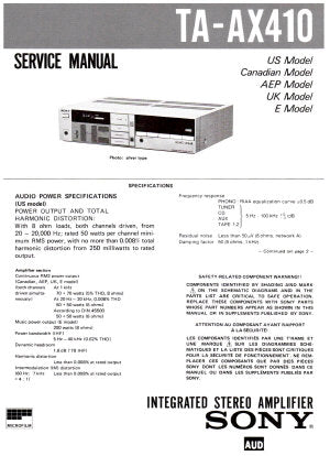 SONY TA-AX410 INTEGRATED STEREO AMPLIFIER SERVICE MANUAL INC BLK DIAG PCBS SCHEM DIAGS AND PARTS LIST 22 PAGES ENG