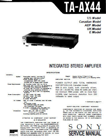 SONY TA-AX44 INTEGRATED STEREO AMPLIFIER SERVICE MANUAL INC BLK DIAG SCHEM DIAGS PCBS AND PARTS LIST 36 PAGES ENG