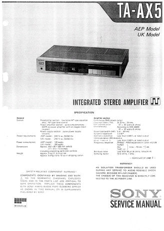 SONY TA-AX5 INTEGRATED STEREO AMPLIFIER SERVICE MANUAL INC BLK DIAG PCBS SCHEM DIAGS AND PARTS LIST 25 PAGES ENG