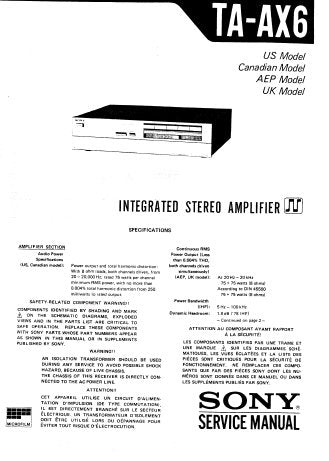 SONY TA-AX6 INTEGRATED STEREO AMPLIFIER SERVICE MANUAL INC BLK DIAG SCHEM DIAGS AND PARTS LIST 28 PAGES ENG