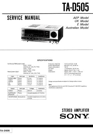 SONY TA-D505 STEREO AMPLIFIER SERVICE MANUAL INC PCBS SCHEM DIAGS AND PARTS LIST 21 PAGES ENG