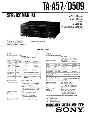 SONY TA-D509 INTEGRATED STEREO AMPLIFIER SERVICE MANUAL INC PCBS SCHEM DIAGS AND PARTS LIST 21 PAGES ENG