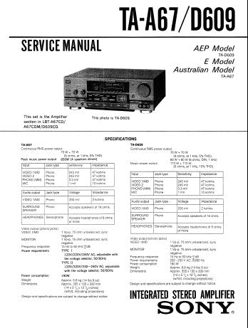 SONY TA-D609 INTEGRATED STEREO AMPLIFIER SERVICE MANUAL INC PCBS SCHEM DIAGS AND PARTS LIST 23 PAGES ENG