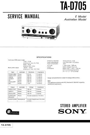 SONY TA-D705 STEREO AMPLIFIER SERVICE MANUAL INC PCBS SCHEM DIAG AND PARTS LIST 18 PAGES ENG