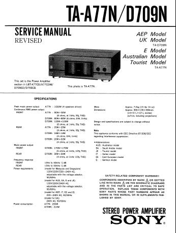 SONY TA-D709N TA-A77N STEREO POWER AMPLIFIER SERVICE MANUAL INC BLK DIAG PCBS SCHEM DIAGS AND PARTS LIST 23 PAGES ENG