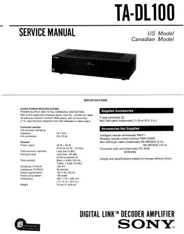 SONY TA-DL100 DIGITAL LINK DECODER AMPLIFIER SERVICE MANUAL INC CONN DIAGS PCBS SCHEM DIAGS AND PARTS LIST 30 PAGES ENG