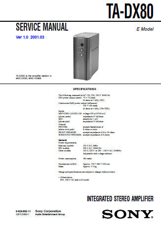 SONY TA-DX80 INTEGRATED STEREO AMPLIFIER SERVICE MANUAL INC PCBS SCHEM DIAGS AND PARTS LIST 14 PAGES ENG