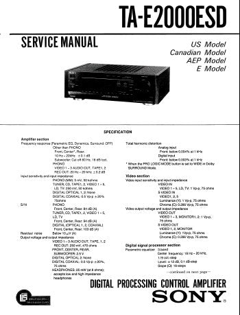 SONY TA-E2000ESD DIGITAL PROCESSING CONTROL AMPLIFIER SERVICE MANUAL INC PCBS SCHEM DIAGS AND PARTS LIST 38 PAGES ENG