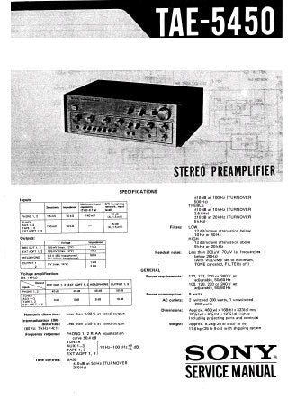 SONY TA-E5450 STEREO PREAMPLIFIER SERVICE MANUAL INC BLK DIAG PCBS SCHEM DIAG AND PARTS LIST 19 PAGES ENG