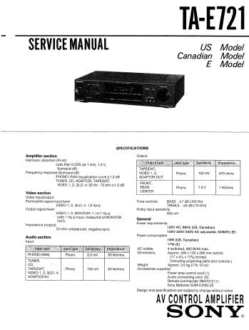 SONY TA-E721 AV CONTROL AMPLIFIER SERVICE MANUAL INC CONN DIAGS BLK DIAGS PCBS SCHEM DIAGS AND PARTS LIST 31 PAGES ENG