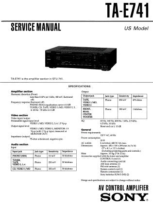 SONY TA-E741 AV CONTROL AMPLIFIER SERVICE MANUAL INC BLK DIAG PCBS SCHEM DIAGS AND PARTS LIST 24 PAGES ENG