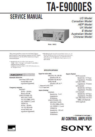 SONY TA-E9000ES AV CONTROL AMPLIFIER SERVICE MANUAL INC BLK DIAGS PCBS SCHEM DIAGS AND PARTS LIST 104 PAGES ENG
